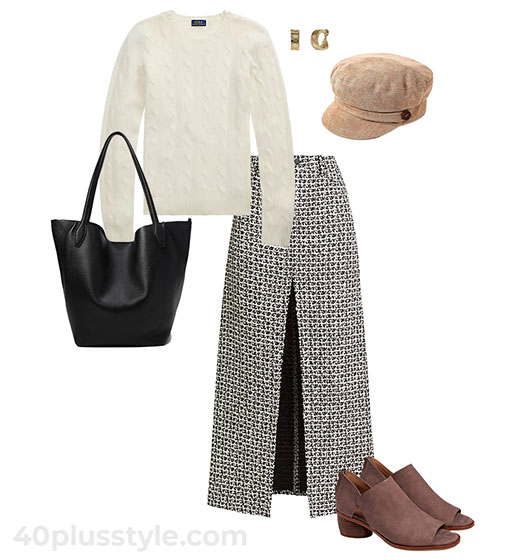 Maxi skirt and cable knit sweater | 40plusstyle.com