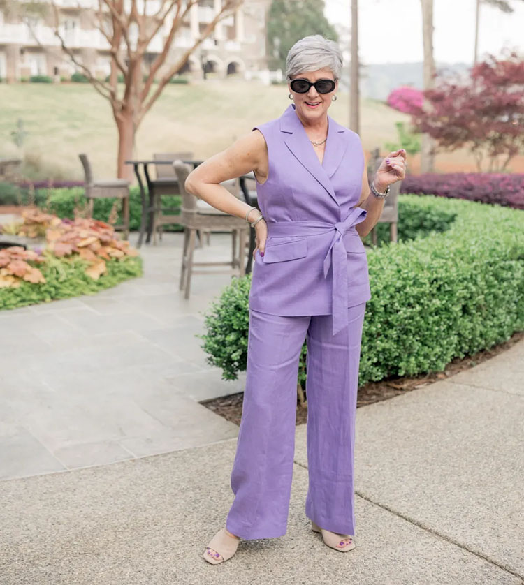 Beth in a purple coord and sandals | 40plusstyle.com