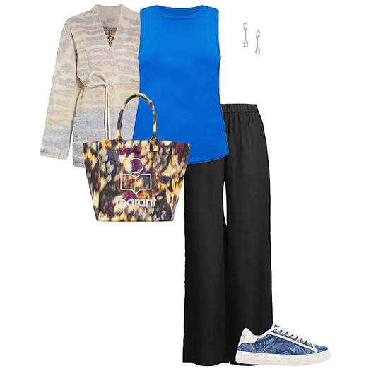 Printed cardigan, sneakers and tote paired with wide pants | 40plusstyle.com