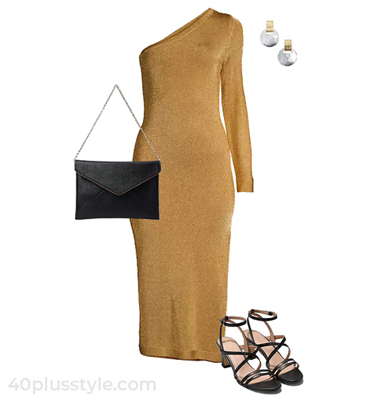 Gold dress with black accessories | 40plusstyle.com
