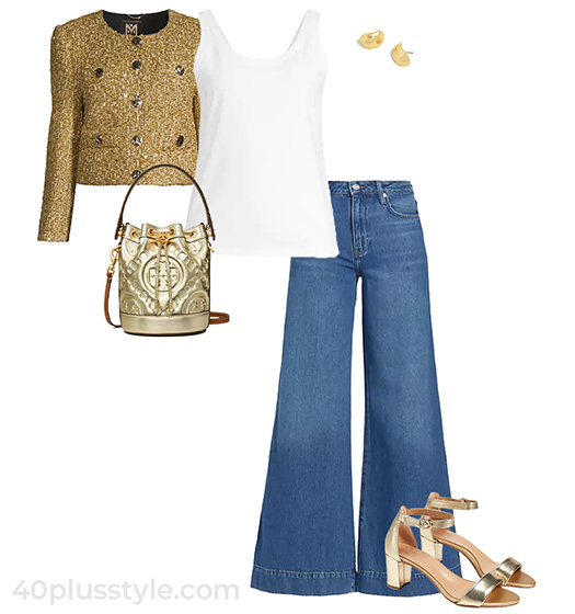 Gold jacket and jeans outfit | 40plusstyle.com
