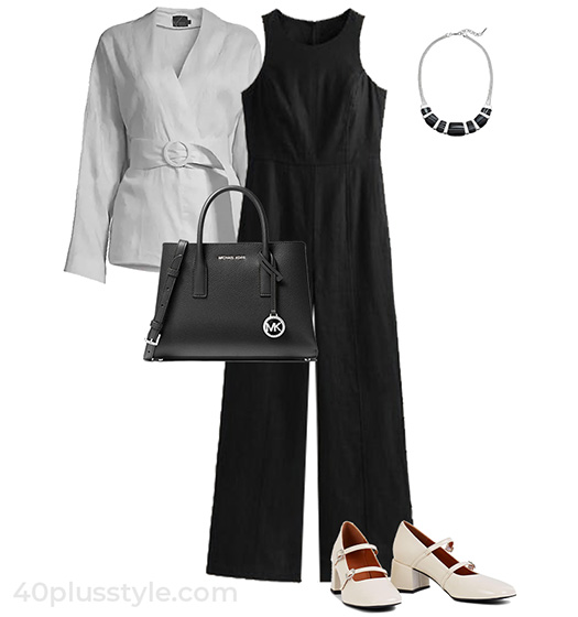 Belted jacket and jumpsuit | 40plusstyle.com