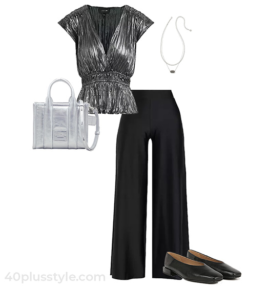 Silver top and black pants | 40plusstyle.com