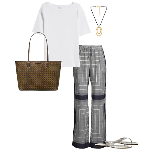 Tee, graphic print pants, sandals and tote | 40plusstyle.com