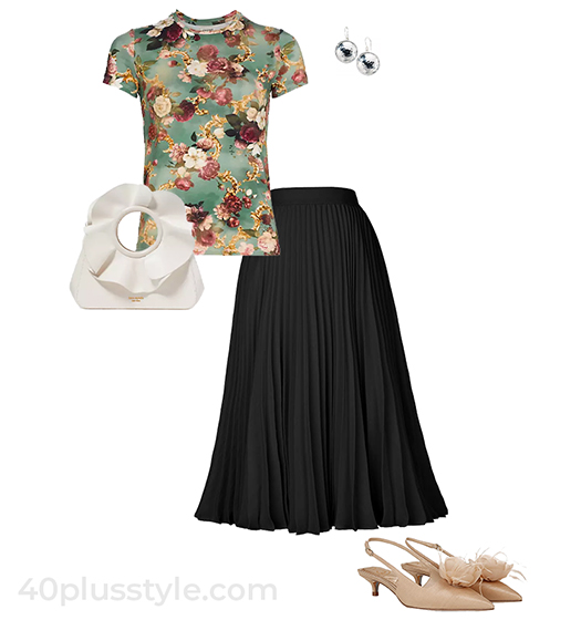 Floral tee and pleated skirt | 40plusstyle.com