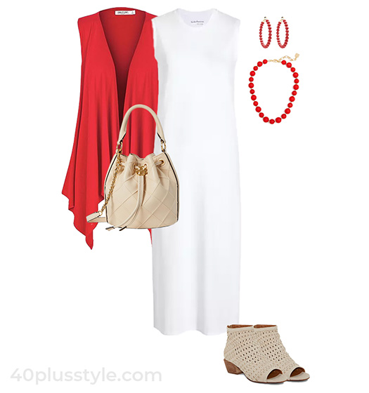 Draped vest worn with a sleeveless T-shirt dress and sandals | 40plusstyle.com