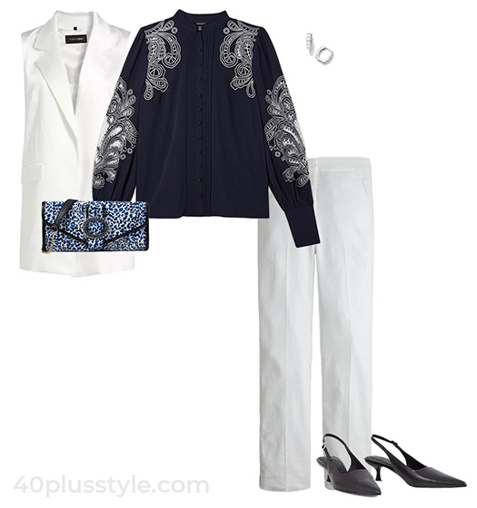 Satin vest, lace blouse and slim pants | 40plusstyle.com