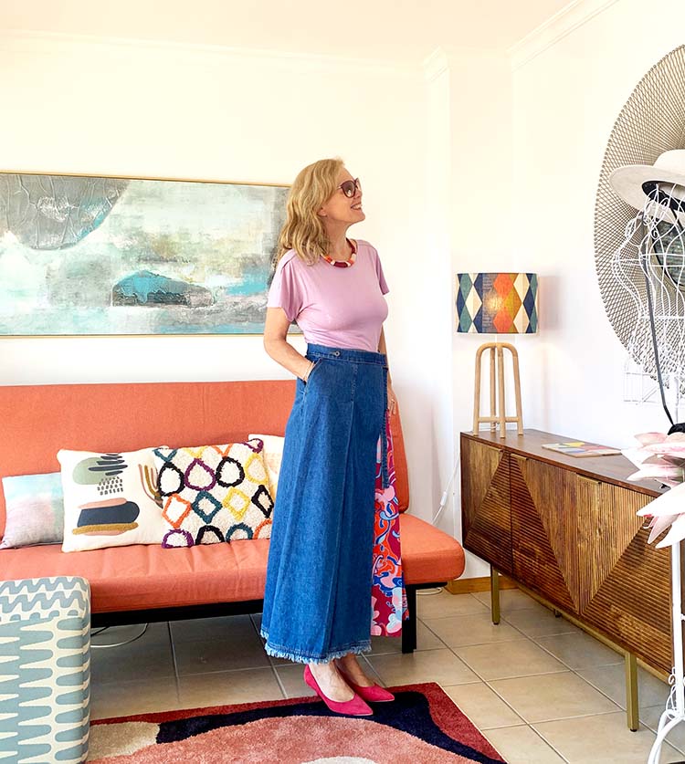 Sylvia wears a maxi skirt with a print insert | 40plusstyle.com