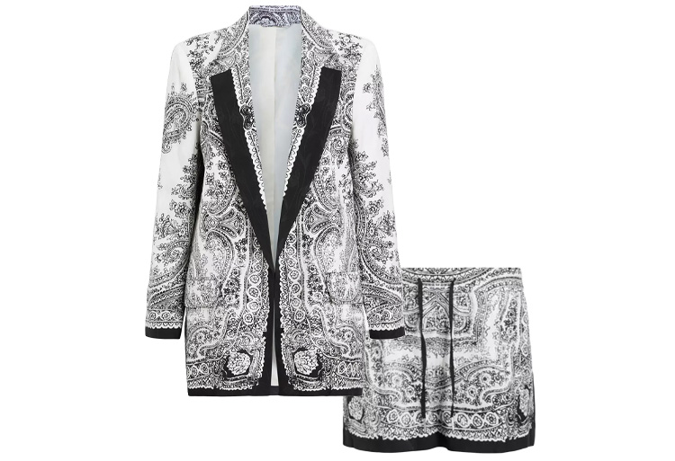 Summer suits for women: AllSaints paisley print blazer and shorts  | 40plusstyle.com