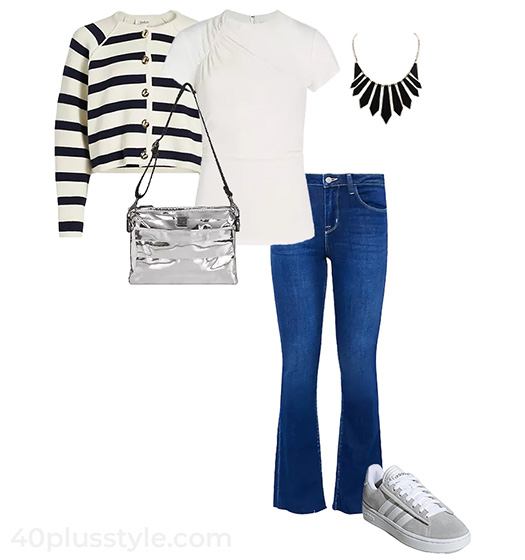 Striped cardigan and jeans outfit | 40plusstyle.com
