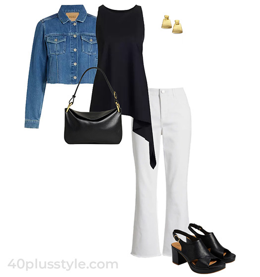 Denim jacket, asymmetric top and jeans | 40plusstyle.com