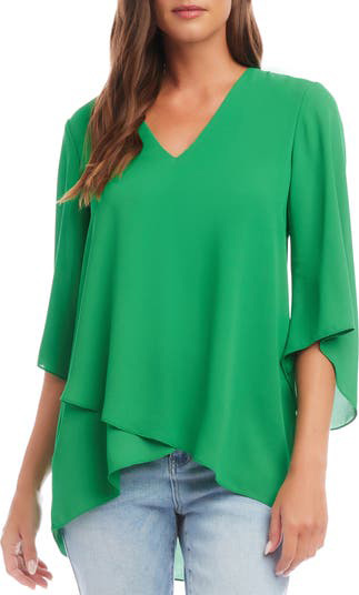 Hide your belly with the right clothes -Karen Kane Asymmetrical Crepe Top | 40plusstyle.com