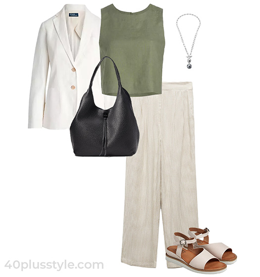 Blazer, linen top and striped trousers | 40plusstyle.com