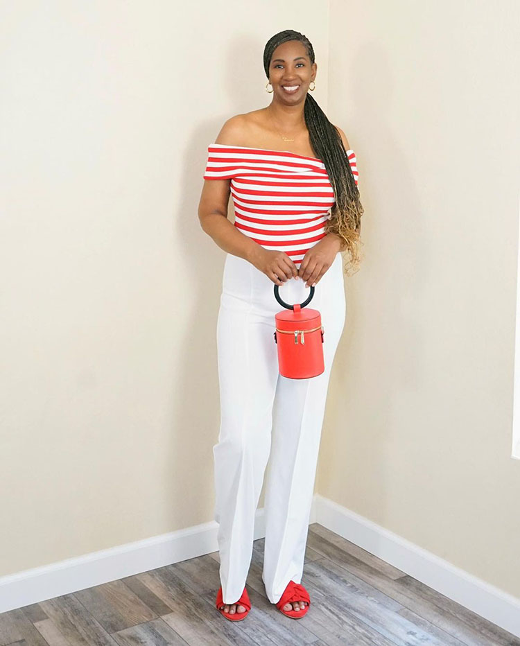 Tanasha wears a red and white striped outfit | 40plusstyle.com