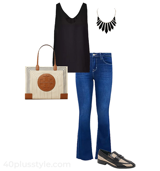 Tank tops and jeans outfit with striped accessories | 40plusstyle.com