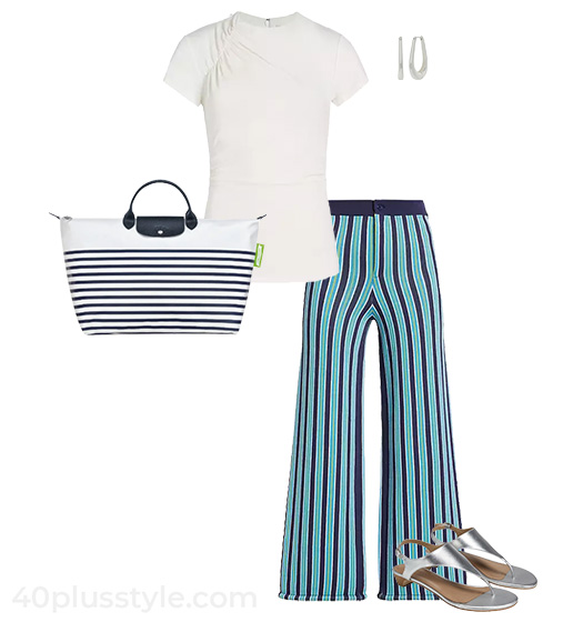 White t-shirt and striped pants outfit | 40plusstyle.com