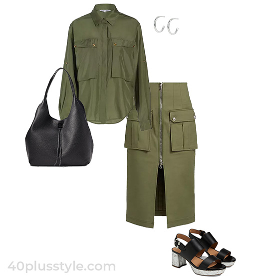 Utility shirt and skirt worn with heeled sandals and tote | 40plusstyle.com