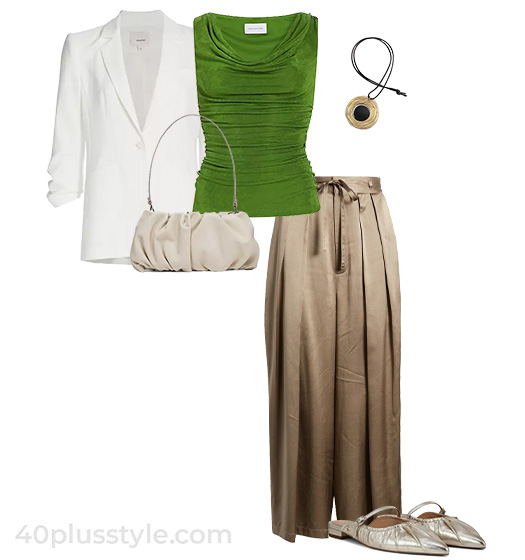 Ruched sleeve blazer and pleated pants | 40plusstyle.com