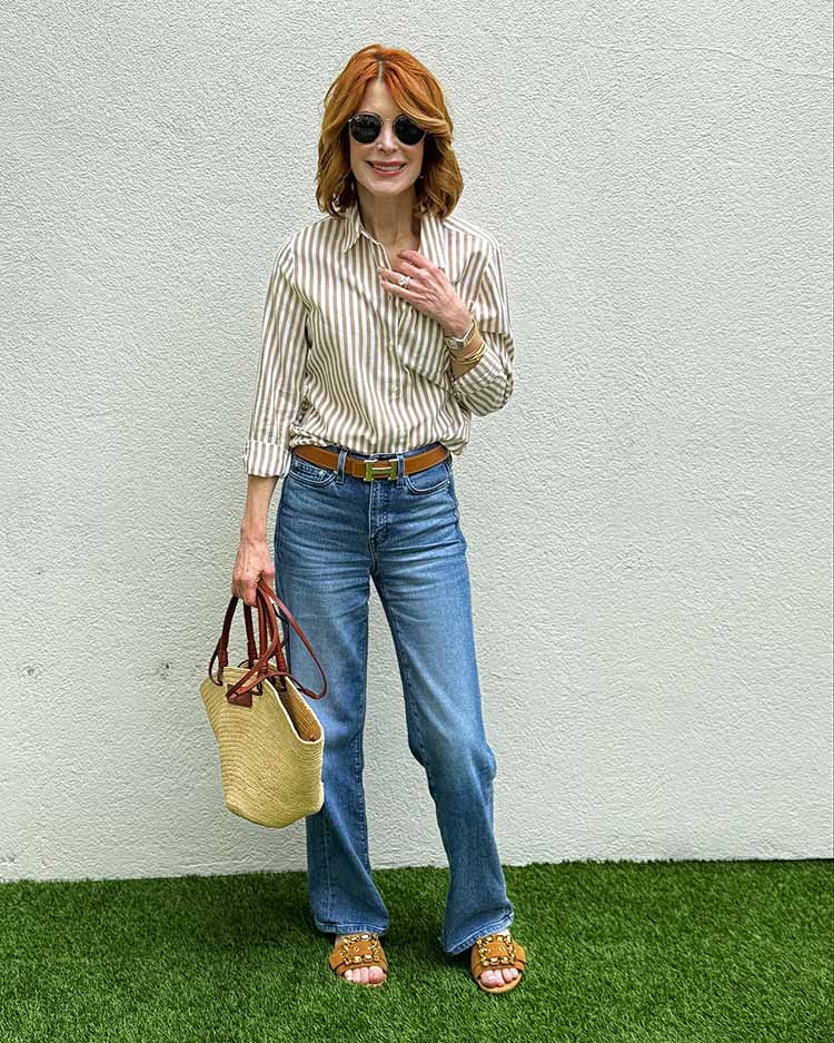 Cathy wears a striped shirt and jeans | 40plusstyle.com