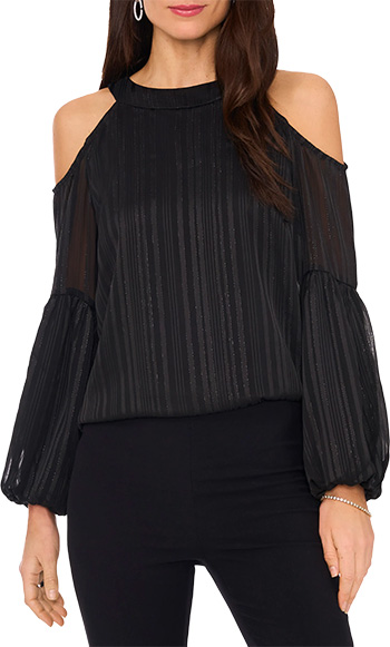Chaus Metallic Cold Shoulder Balloon Sleeve Top | 40plusstyle.com
