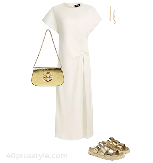 Cream dress and gold shoes | 40plusstyle.com