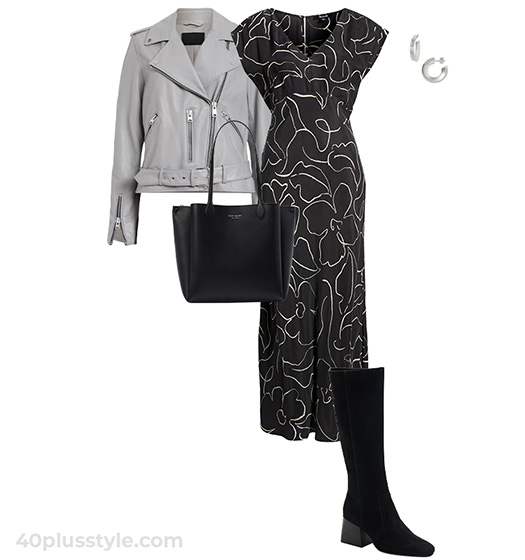 Moto jacket, midi dress and high boots | 40plusstyle.com