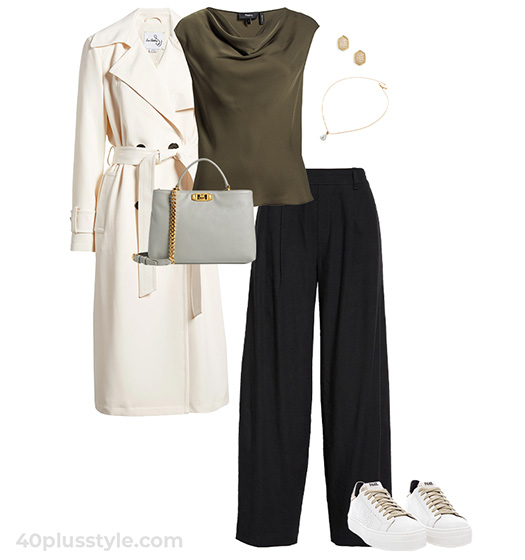 Trench coat, silk top, wide pants and sneakers for your fall 2024 wardrobe | 40plusstyle.com