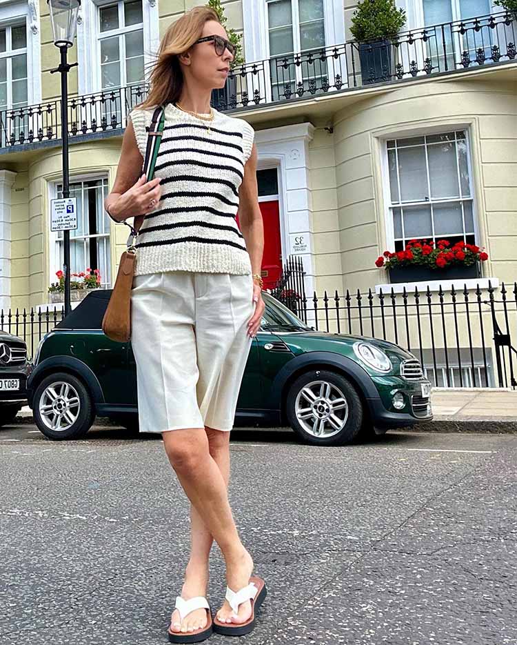 Marie-Louise wears a striped top and shorts | 40plusstyle.com