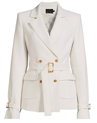 Undra Celeste Belted Crepe Double-Breasted Blazer | 40plusstyle.com