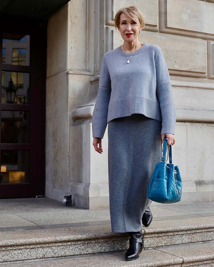 Skirts for fall - Claudia wears a wool maxi skirt | 40plusstyle.com