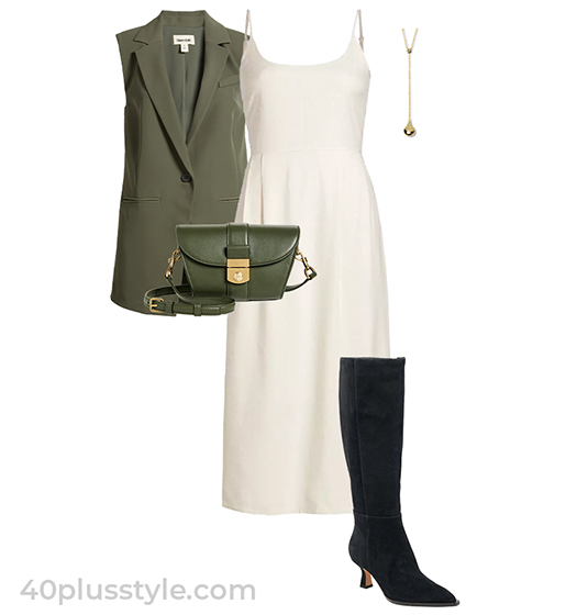 Quiet luxury style: vest, midi dress and high boots | 40plusstyle.com