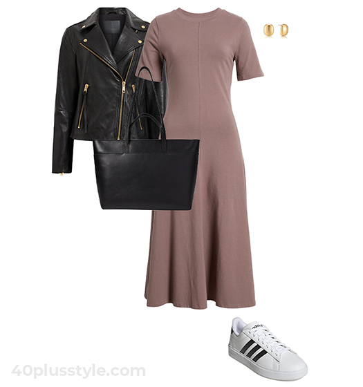 Dresses with jackets - Moto jacket and T-shirt dress | 40plusstyle.com