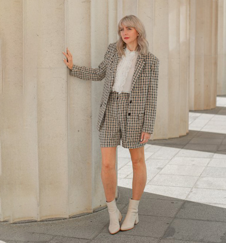 Melissa in blazer coordinates and booties | 40plusstyle.com