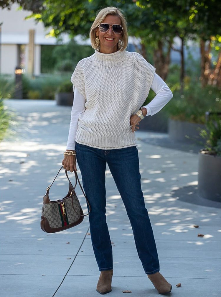 Nora wears booties with her jeans | 40plusstyle.com