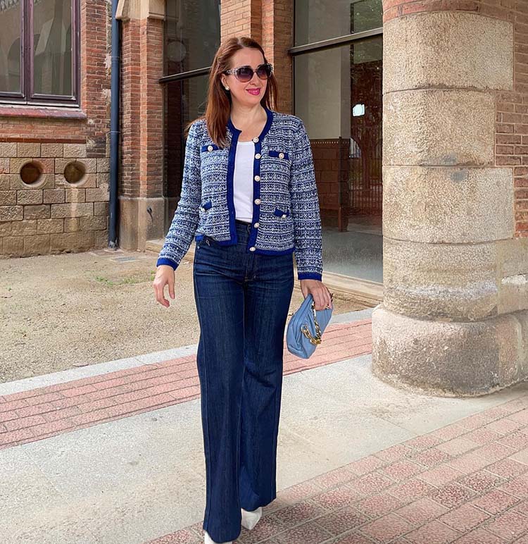 Quiet luxury style: Patricia in tweed jacket and jeans | 40plusstyle.com