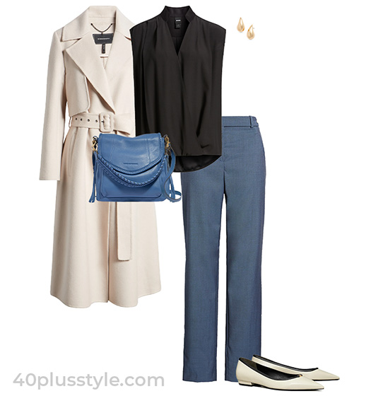 Quiet luxury style: Trench coat, wrap top, straight pants and flats | 40plusstyle.com