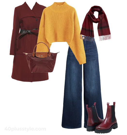 Mustard sweater and jeans outfit | 40plusstyle.com