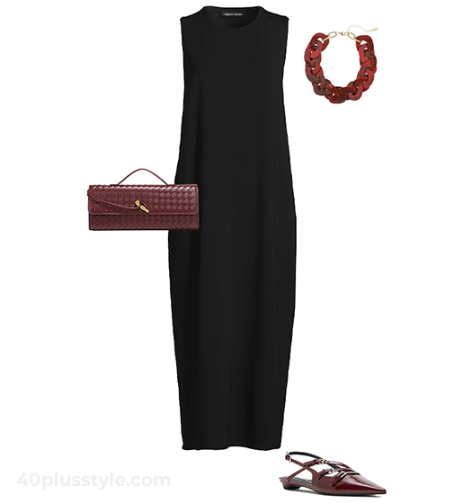 Black dress and burgundy accessories | 40plusstyle.com