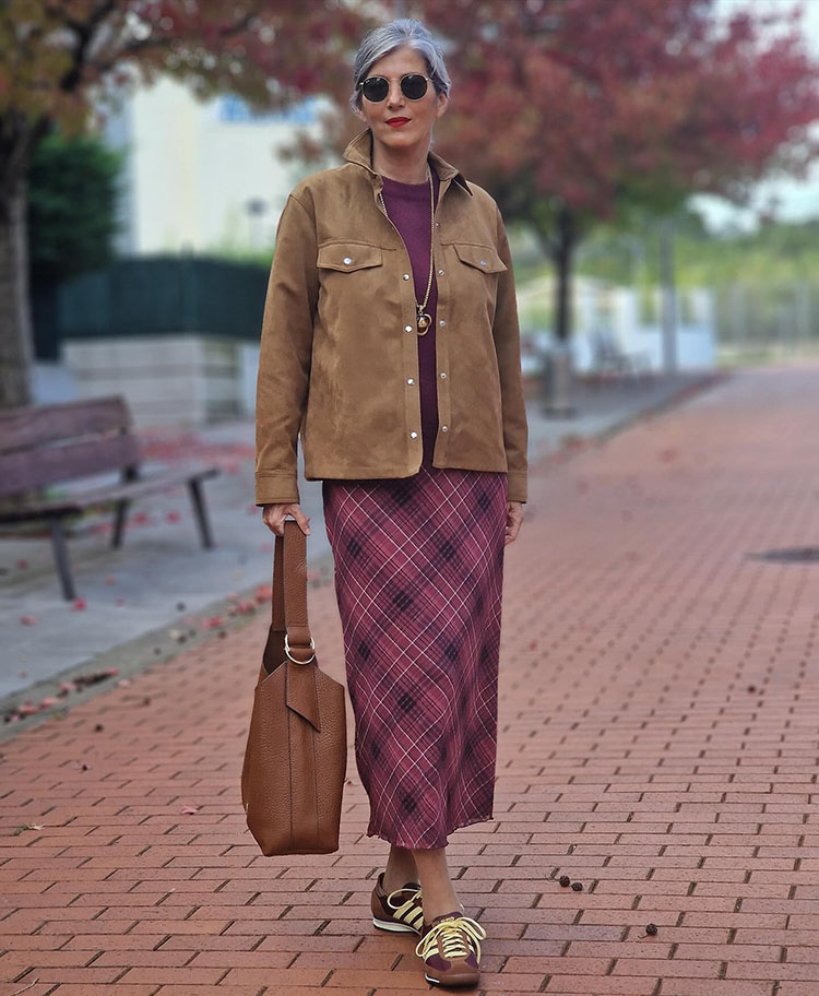 Carmen in a plaid skirt and suede jacket | 40plusstyle.com