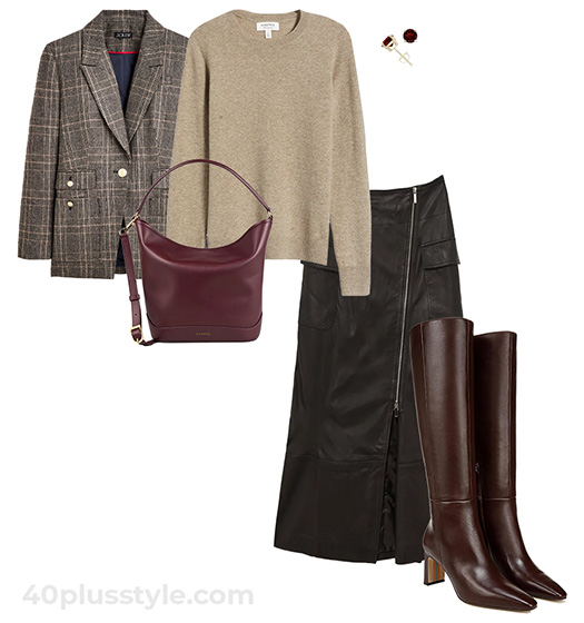 Fall outfit idea: Plaid blazer, cashmere sweater, leather skirt and high boots | 40plusstyle.com