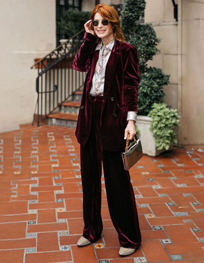 Cathy wears a velvet suit | 40plusstyle.com