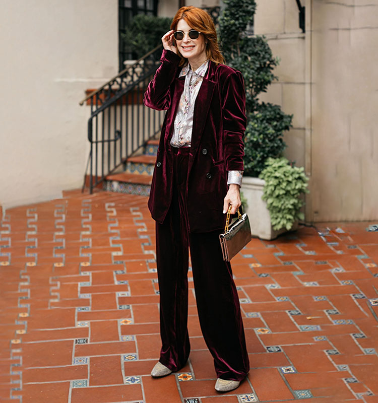 Cathy wears a velvet suit | 40plusstyle.com