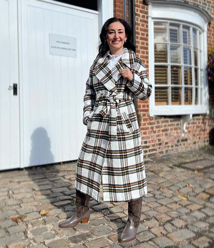 Emms in a long plaid coat | 40plusstyle.com