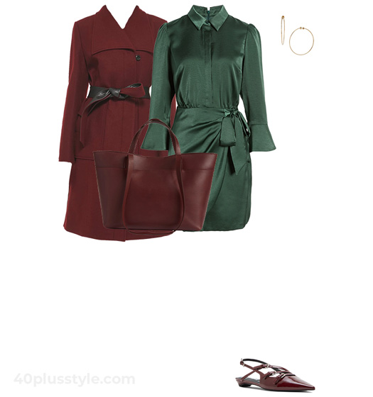 Burgundy coat and green dress | 40plusstyle.com