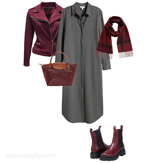 Burgundy moto jacket and gray dress | 40plusstyle.com