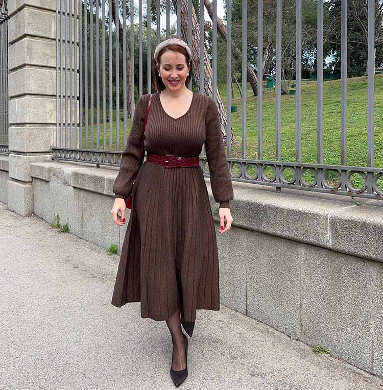 Patricia in a brown dress with burgundy accessories | 40plusstyle.com