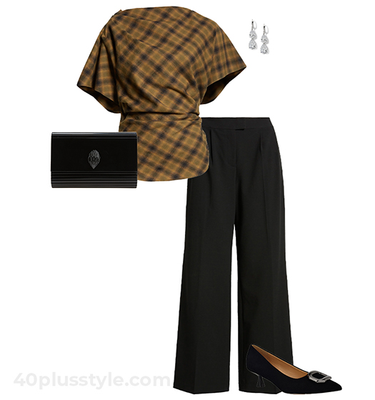 Plaid top and black pants | 40plusstyle.com