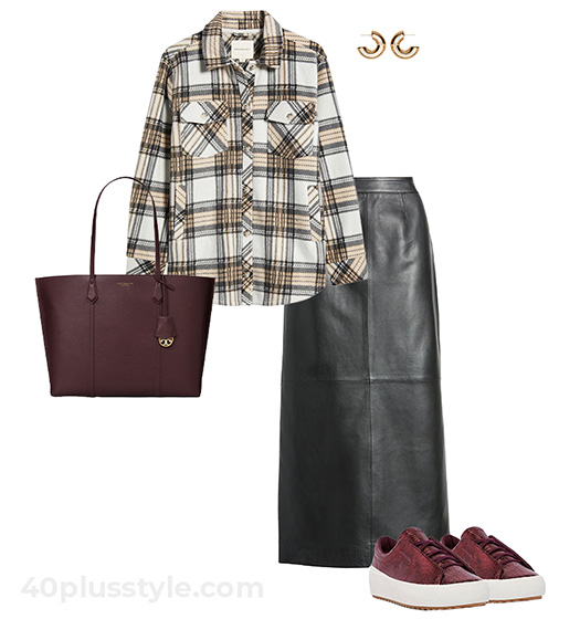 Plaid shirt and leather skirt | 40plusstyle.com