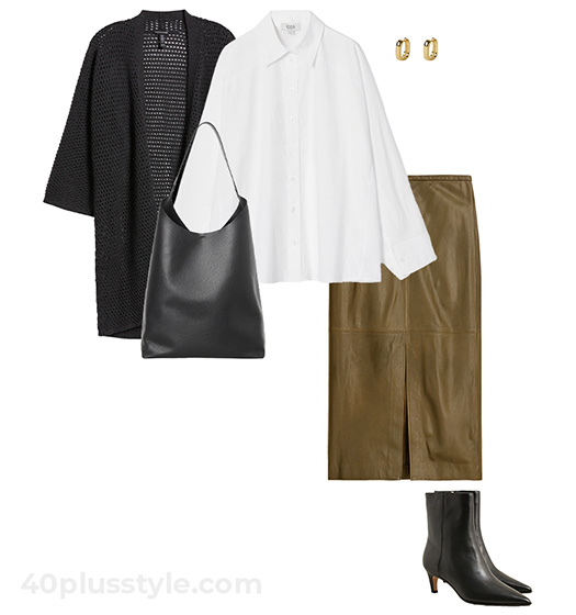 Fall fashion essentials for minimalists - leather skirt and white shirt outfit | 40plusstyle.com