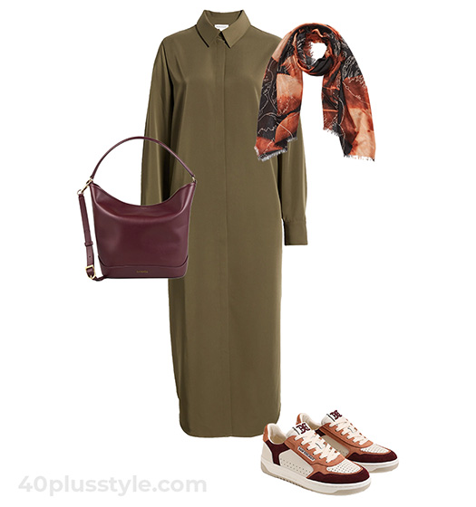 Fall outfit idea: Shirtdress and sneakers | 40plusstyle.com